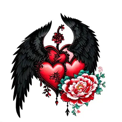3 adjoining hearts with wings tattoo design idea