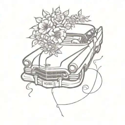 purple cadillac coupe devill with flowers surrounding tattoo design idea
