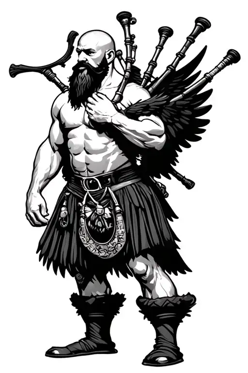  bagpiper big black wings on back muscular playing the bagpipes bald with  black beard  tattoo design idea