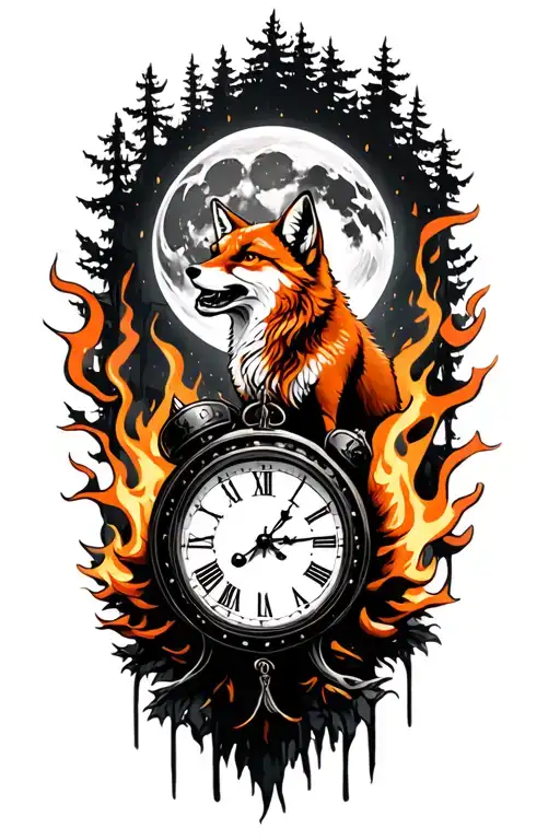A ginger fox howling at the moon with the hands of a clock on it in burning forest tattoo design idea