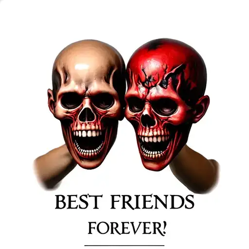 "BEST FRIENDS FOREVER " "BEST FRIENDS FOREVER " a person holding up 2 severed heads tattoo design idea