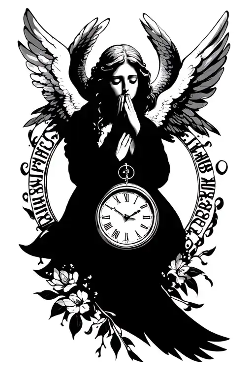 angel with praying hands with clock that says nothing's forever with a smile now I'll cry later and dove tattoo design idea