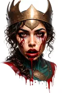 realistic Latina warrior face with curly brown hair, tilted crown, cuts and bruises, sucking blood from busted lip tattoo design idea
