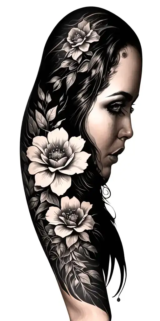 western grunge tattoo sleeve with floral tattoo design idea