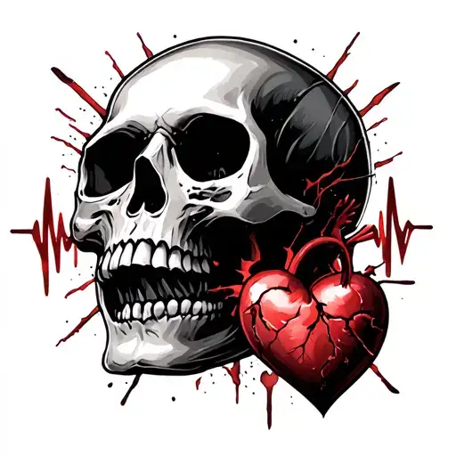 skull with broken heart beat tattoo design idea