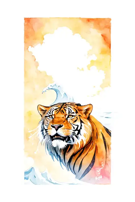 tiger lion face shark ocean wave crashing tattoo design idea