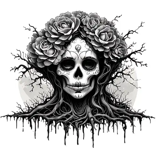 lost soul with day of the dead trees tattoo design idea
