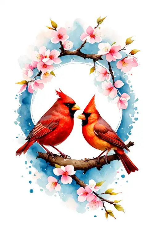 A male cardinal and a female cardinal looking at each other sitting on one cherry blossom branch tattoo design idea
