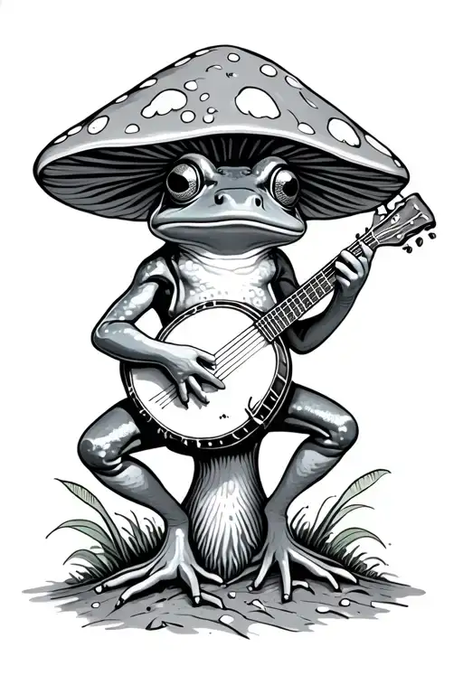 psychedelic frog playing a banjo under a toadstool tattoo design idea
