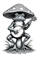 psychedelic frog playing a banjo under a toadstool tattoo design idea