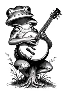 psychedelic frog playing a banjo under a toadstool tattoo design idea