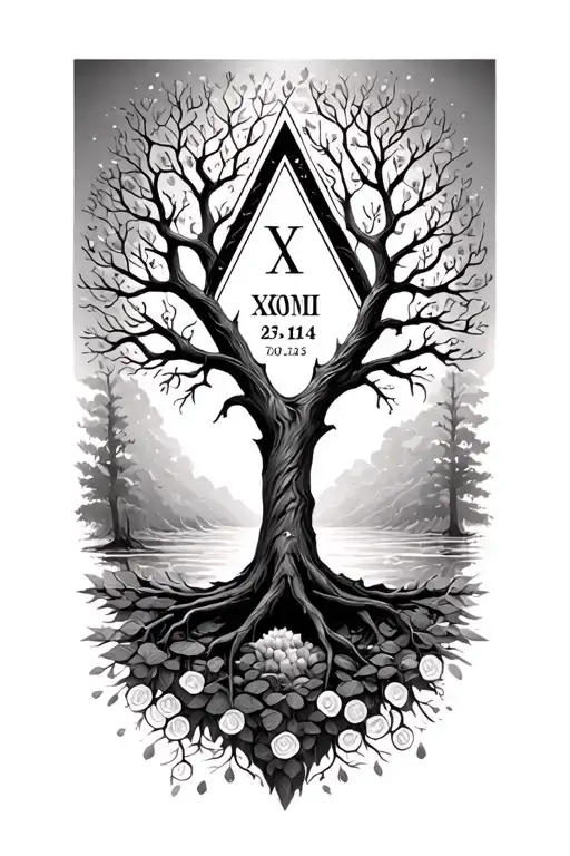 tree of life and birthdate Roman numerals triangle tattoo design idea