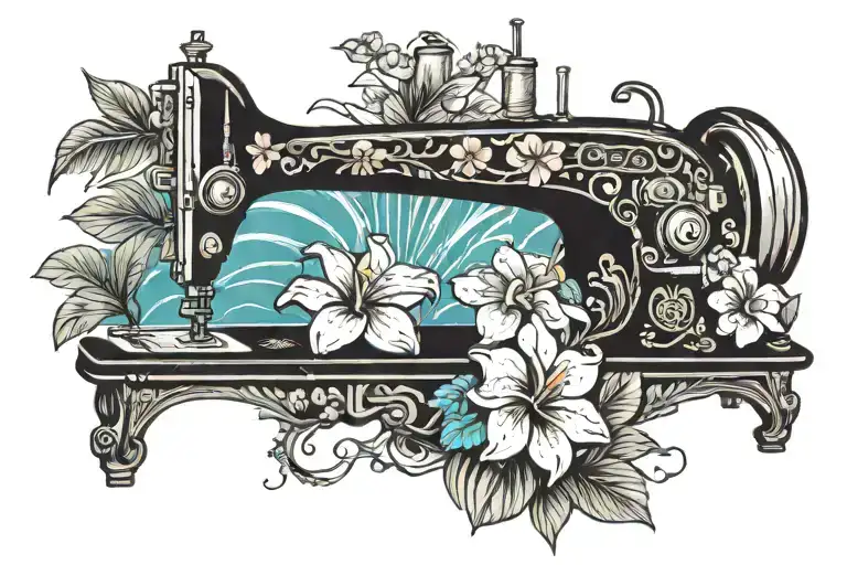 sewing machine hawaiian ocean wave palm tree plumeria tattoo design idea