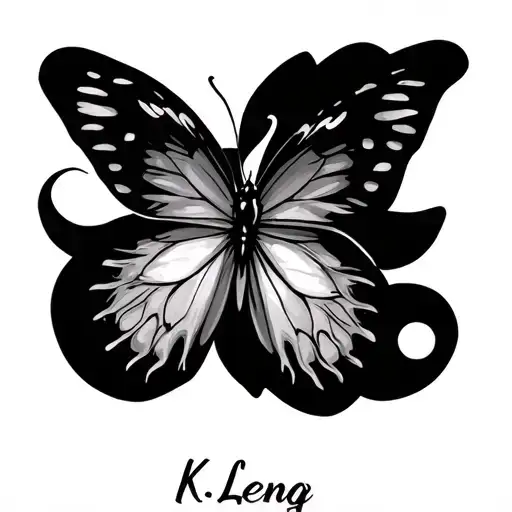 "K.Leng" written in cursive font as a signature with a butterfly as a finish with a semicolon body tattoo design idea