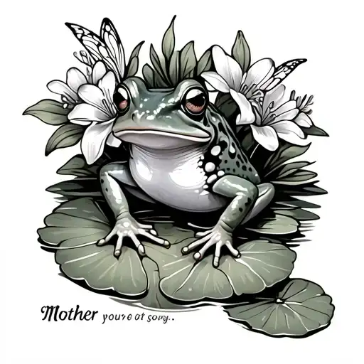 frog with flowers surrounding on shoulder blade with mother quote underneath with whimsical fairy on lily pad tattoo design idea