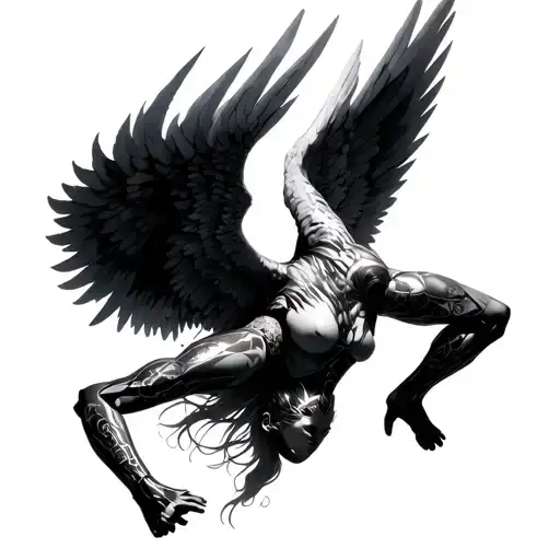 Futuristic warrior angel in a inverted downward flight pose, moving through lighting, tattoo lines, detailed wings with  tattoo design idea