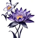 water lily flower, violet flower, daffodil bud bursting tattoo design idea