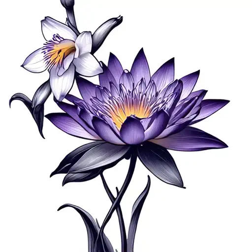 water lily flower, violet flower, daffodil bud bursting tattoo design idea