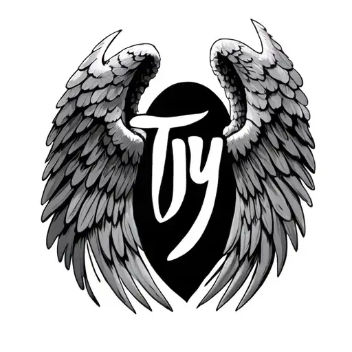 Spread angel wings with the word Ty written in the middle tattoo design idea