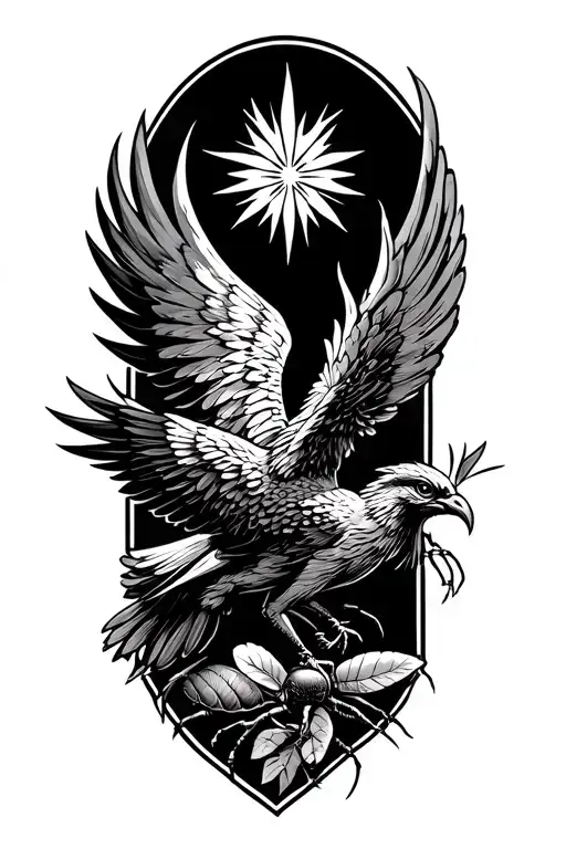 a phoenix flying under a philant star brings a leaf of lorium in its beak to a single ant tattoo design idea