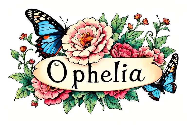 Flowers and butterflies name Ophelia tattoo design idea