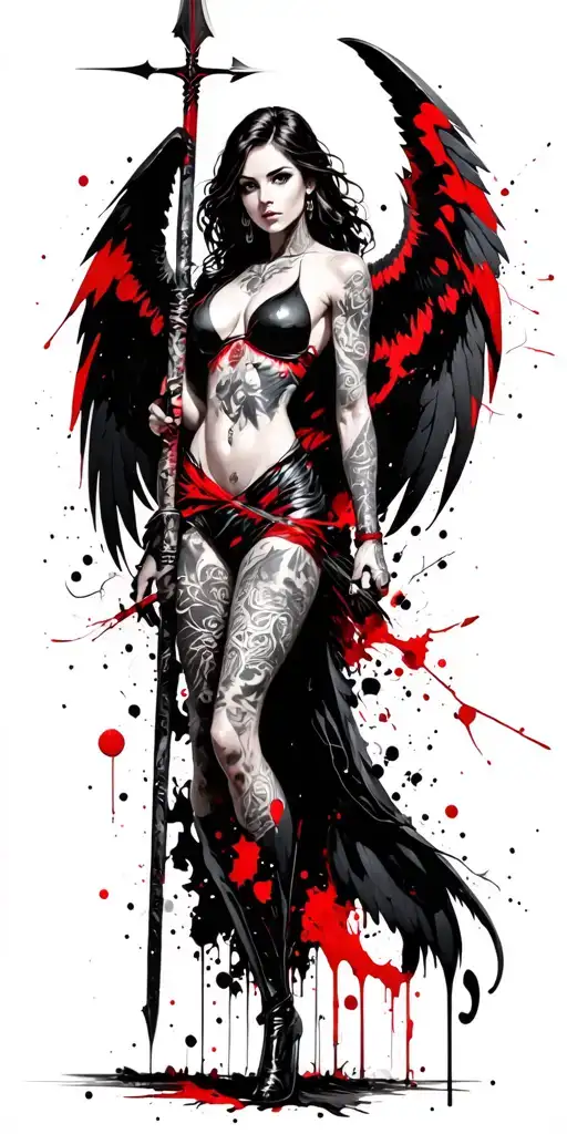 fantasy style, tattooed, female battle angel with all white wings using a spear tattoo design idea