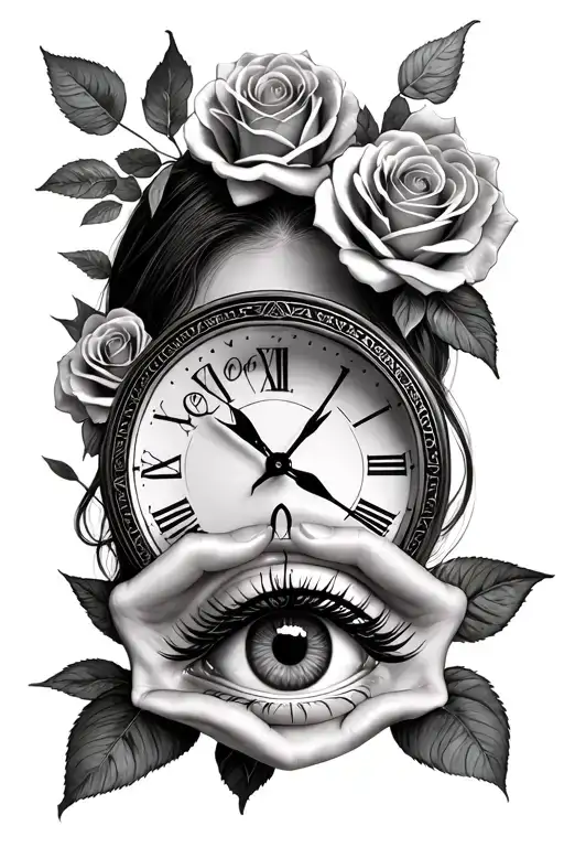 beautiful female face with roses and a Illuminati eye clock and money tattoo design idea