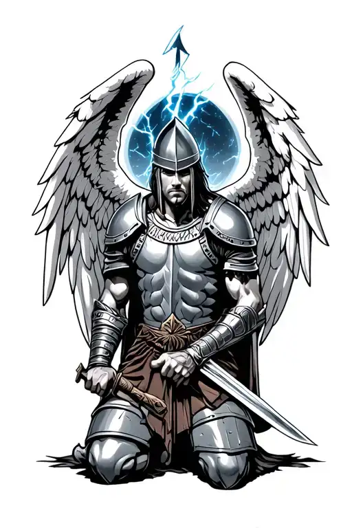 gladiator knight kneeling with sword and angel wings lightning  tattoo design idea
