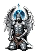 gladiator knight kneeling with sword and angel wings lightning  tattoo design idea