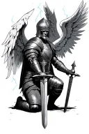 gladiator knight kneeling with sword and angel wings lightning  tattoo design idea