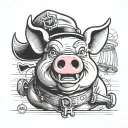 supee cartoonish vintage looney toons style pigs head with crossed out eyes where the eyes should be wearing a cops hat tattoo design idea