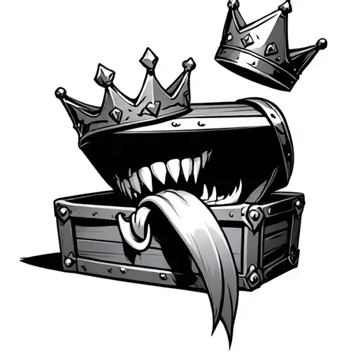 a mimic disguised as a treasure chest wearing a crown showing its teeth and a long tongue attacking tattoo design idea