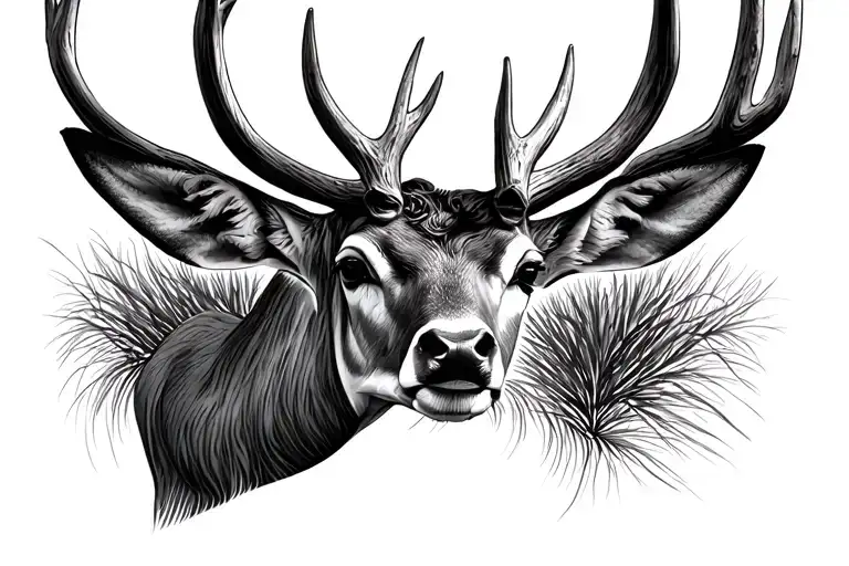 A symmetrical, front-facing deer head drawn in clean black-and-white linework. The antlers are split into two distinct h tattoo design idea