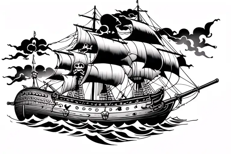 Pirate ship in the storm firing broadside cannons  with a ghostly skull and cross bones above in a japanese tatto style tattoo design idea
