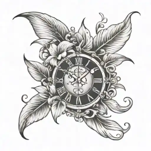 stylized clock with 12:23 in Roman numerals, integrated with a peace lilies and music notes tattoo design idea