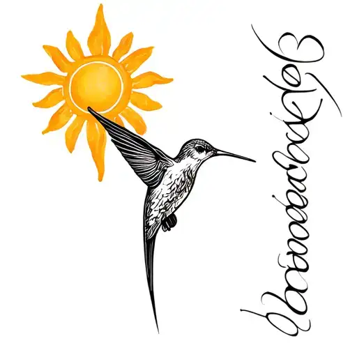 A minimalist tattoo in black with a hummingbird as the main piece, a sun near its beak and the word "saudade" tattoo design idea