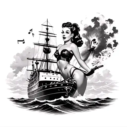 rockabilly pinup girl dressed on a ship blasting music waves tattoo design idea