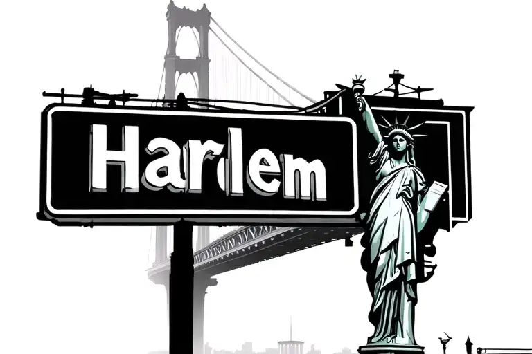 a bridge in the background. Then I want you to put the 146th street sign. with Harlem underneath with lady liberty  tattoo design idea