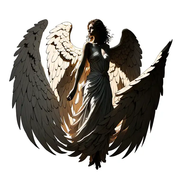 •	Central Figure: A humanoid angelic form, standing upright, viewed from the back or in silhouette.	•	Wings: Large and  tattoo design idea