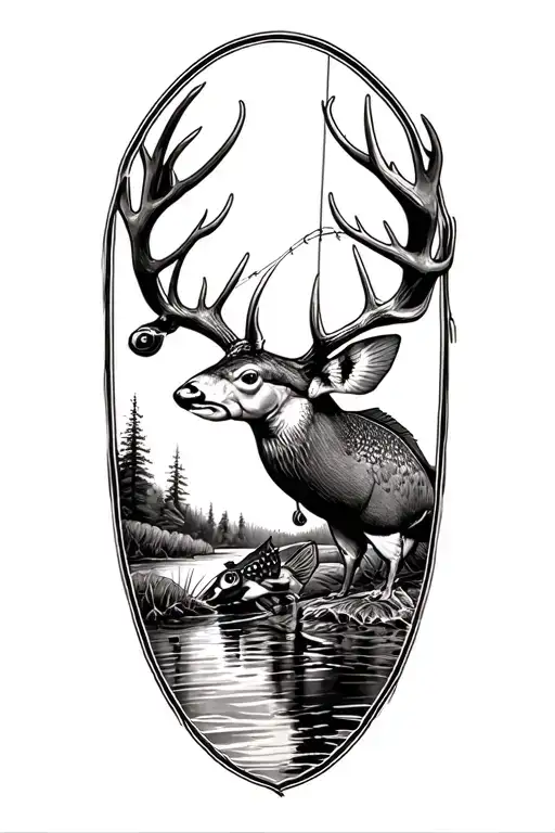 Sleeve tattoo. Fishing, shooting, hunting, outdoors, river, lakes, fly fishing, trout, pike, tench, pheasent, red deer,  tattoo design idea