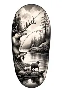 Sleeve tattoo. Fishing, shooting, hunting, outdoors, river, lakes, fly fishing, trout, pike, tench, pheasent, red deer,  tattoo design idea
