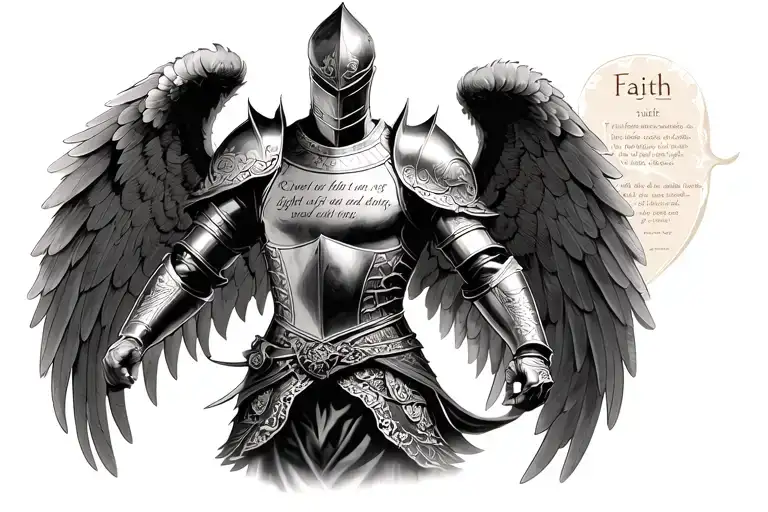 "faith, light and truth" Realistic black and grey tattoo of a suit of armor, with writing from Ephesians 6 carved into it, with a pair of wings protecting it tattoo design idea