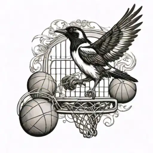 a magpie is dunking a basketball. the magpie represents collingwood.  tattoo design idea