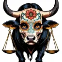 woman full body bull with sugar skull markings, brown eyes and two Libra scales with extra dark background tattoo design idea