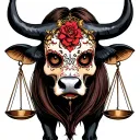 woman full body bull with sugar skull markings, brown eyes and two Libra scales with extra dark background tattoo design idea