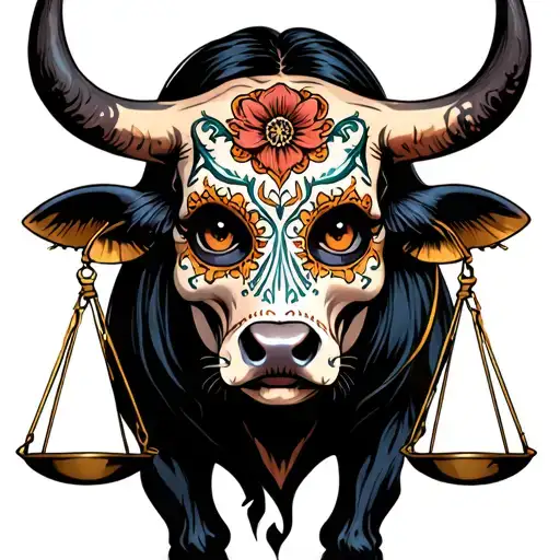 woman full body bull with sugar skull markings, brown eyes and two Libra scales with extra dark background tattoo design idea