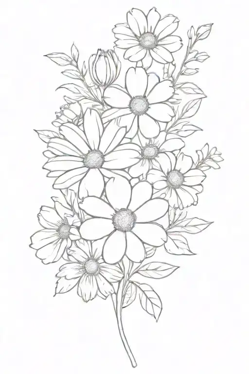 daisy, rose, cosmos flower bouquet tattoo design idea