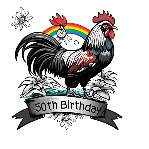 Create a sailor Jerry style tattoo with a rainbow, rooster and waves with a 50th birthday theme. Hawaiian theme tattoo design idea