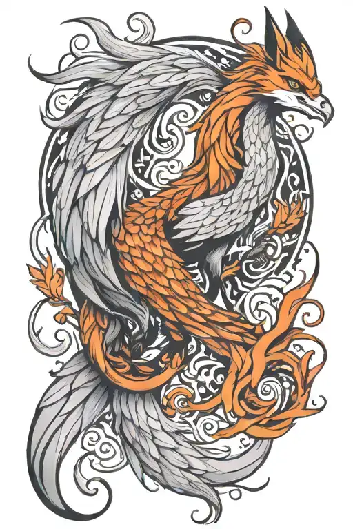pheonix and a nine tail fox curled   tattoo design idea