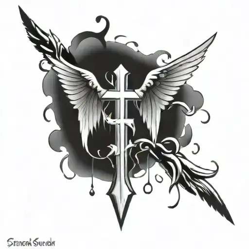 A tattoo design featuring a cross and angel wings intertwined, symbolizing the eternal struggle between good and evil tattoo design idea